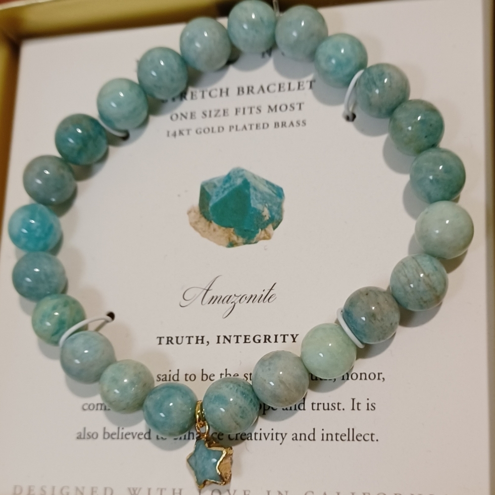 LUNA NORTE 14K GOLD PLATED STAR CHARM W/ AMAZONITE STRETCH BRACELET ONE SIZE - Picture 3 of 7